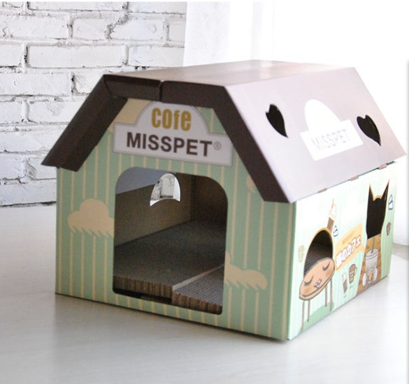 Izakaya & Coffee House-Themed Corrugated Cardboard Cat House with Scratch Board – Durable, Easy to Assemble, and Stylish Cat Furniture
