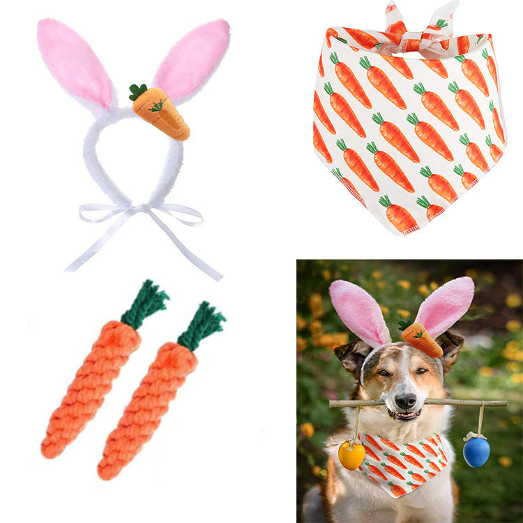 New Easter Pet Party Decor Kit – Polyester Cotton Rope Carrot Toys, Triangle Saliva Towel & Hair Hoop Set