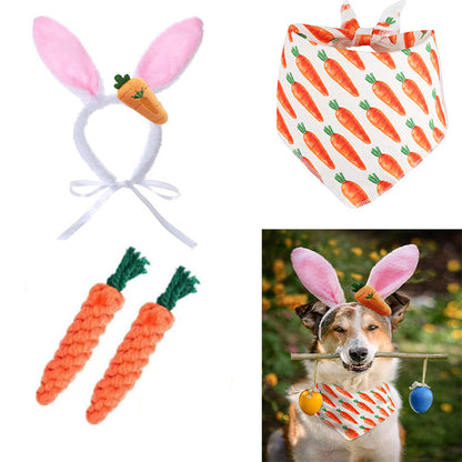 New Easter Pet Party Decor Kit – Polyester Cotton Rope Carrot Toys, Triangle Saliva Towel & Hair Hoop Set