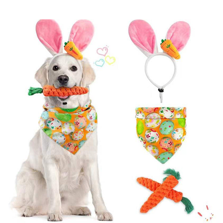 New Easter Pet Party Decor Kit – Polyester Cotton Rope Carrot Toys, Triangle Saliva Towel & Hair Hoop Set