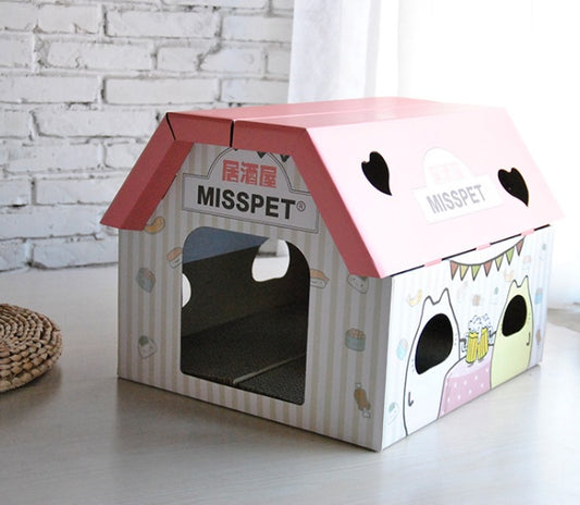 Izakaya & Coffee House-Themed Corrugated Cardboard Cat House with Scratch Board – Durable, Easy to Assemble, and Stylish Cat Furniture